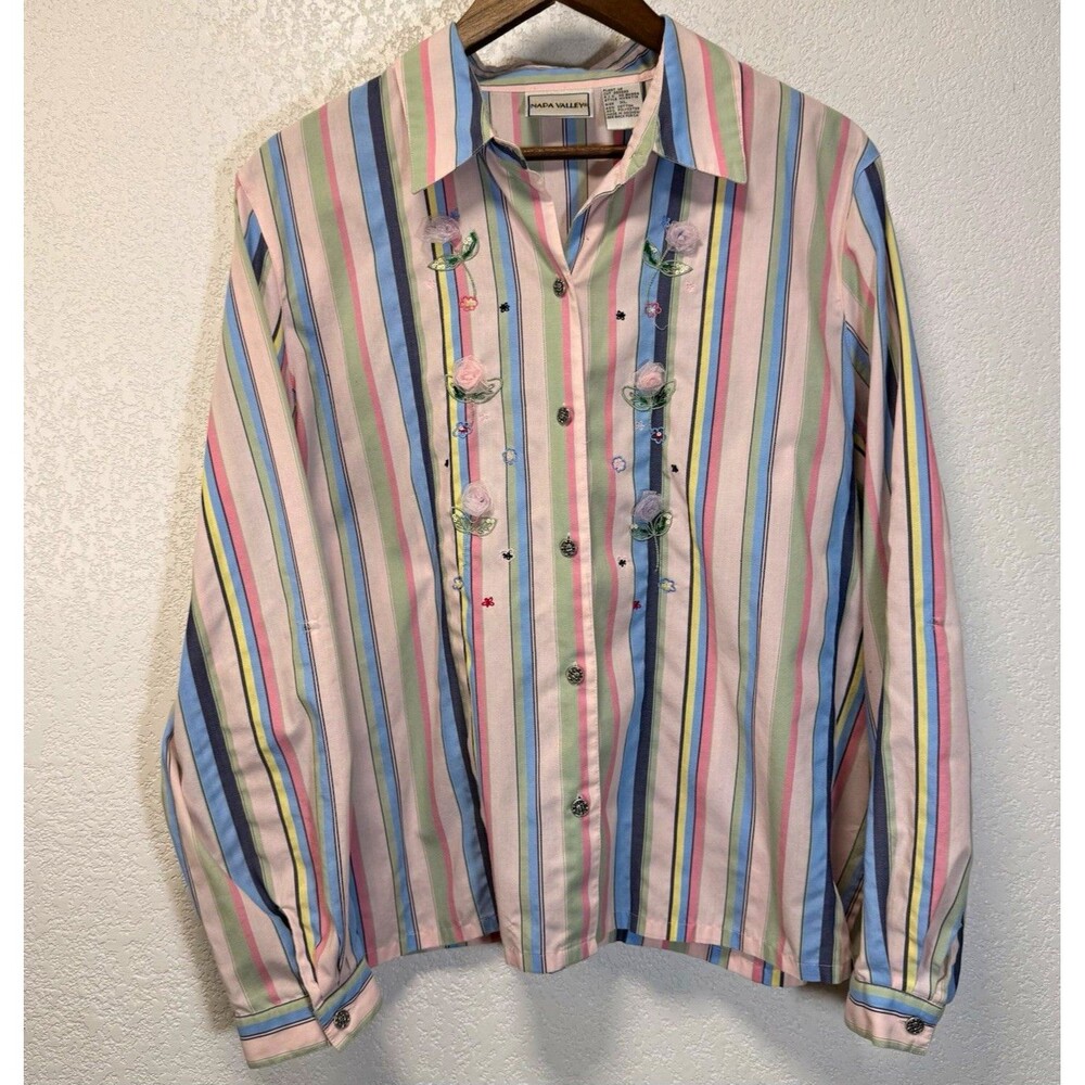 Napa Valley Women’s XL Multicolor Striped Embroidered Button Up Shirt Cotton
